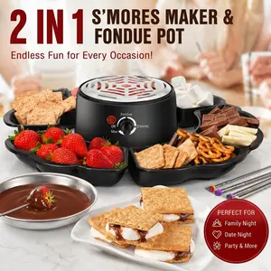 2 in 1 Electric S’mores Maker & Fondue Pot, Tabletop Indoor Smores kit with 4 Roasting Forks, 4 Detachable Trays & 1 Flameless Temperature-controlled Heater, Movie Night Supplies & Housewarming Gifts