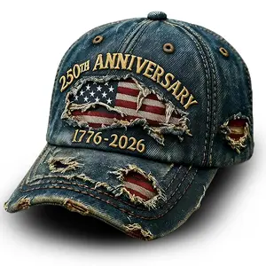 USA 250th Anniversary Baseball Hat,1776-2026 American Flag Vintage Washed Distressed Embroidered Adjustable Baseball Caps for Men Women Blue