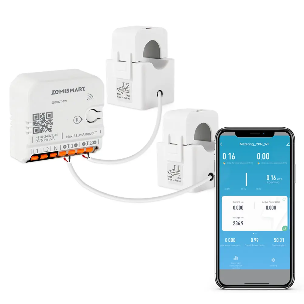 Smart Home Energy Monitor with 2 x 120A CTs, Live Electricity Usage Tracking, Bi-Directional Power Tracking, Supports Single-Phase 3-Wire System, 2.4GHz Wi-Fi