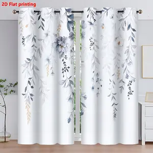 2D Flat - 2pcs 2D Flat Floral Hanging Vines Window Curtains |   White Blue Green Botanical Leaves Print, Grommet Top Sun Blocking, HD Digital Printing, Elegant Nature Inspired Style, All-Season for Living Room Bedroom Study Decor