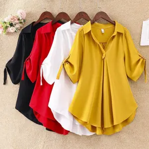 2 Pieces Mid-Length Short Sleeve Chiffon Blouses for Women Summer Plus Size Loose Waist Slimming Chiffon Tops