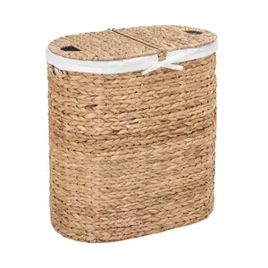 Natural Water Hyacinth Handwoven Lidded Oval Double Laundry Hamper