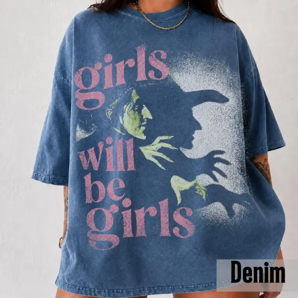 [SALE 60%] Girls Will Be Girls Witch Shirt, Wicked Halloween Graphic Tee, Green Witch Silhouette T-Shirt, Vintage Washed Denim Blue Oversized