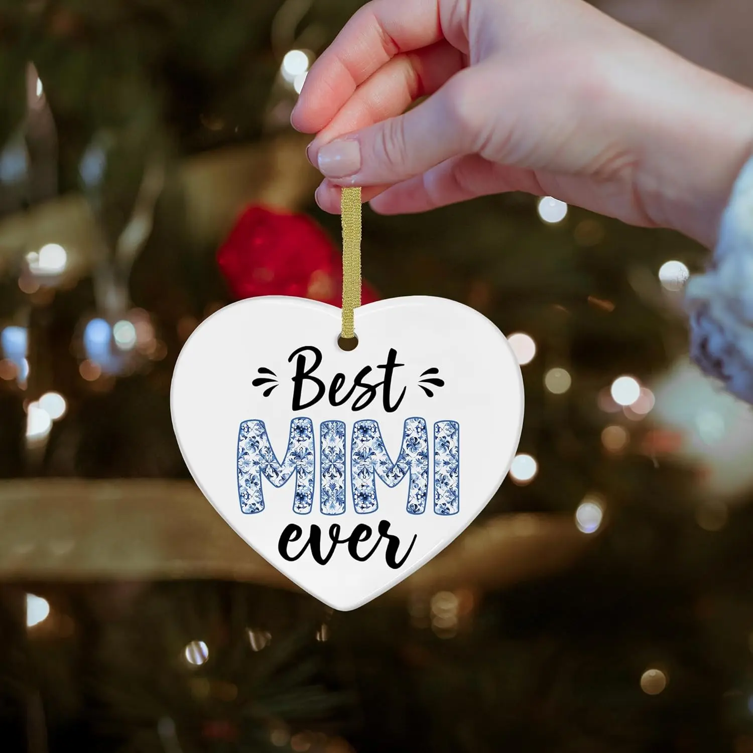 Chinoiserie Mimi Gifts Heart Ceramic Christmas Ornaments，Best Mimi Ever Gifts, Grandma Mothers Day Birthday Gift Hanging Ornaments for Christmas Tree，Grandma Housewarming Gift New Home,3x3In