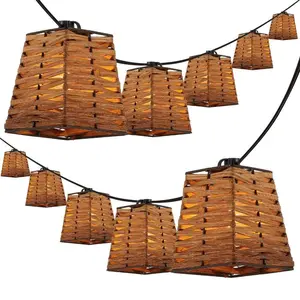 JONATHAN Y Quinn 10-Light Indoor/Outdoor 10 ft. Classic Vintage Incandescent G40 Square Bamboo Shaded String Lights; for Living Room, Bedroom, Kitchen, Office