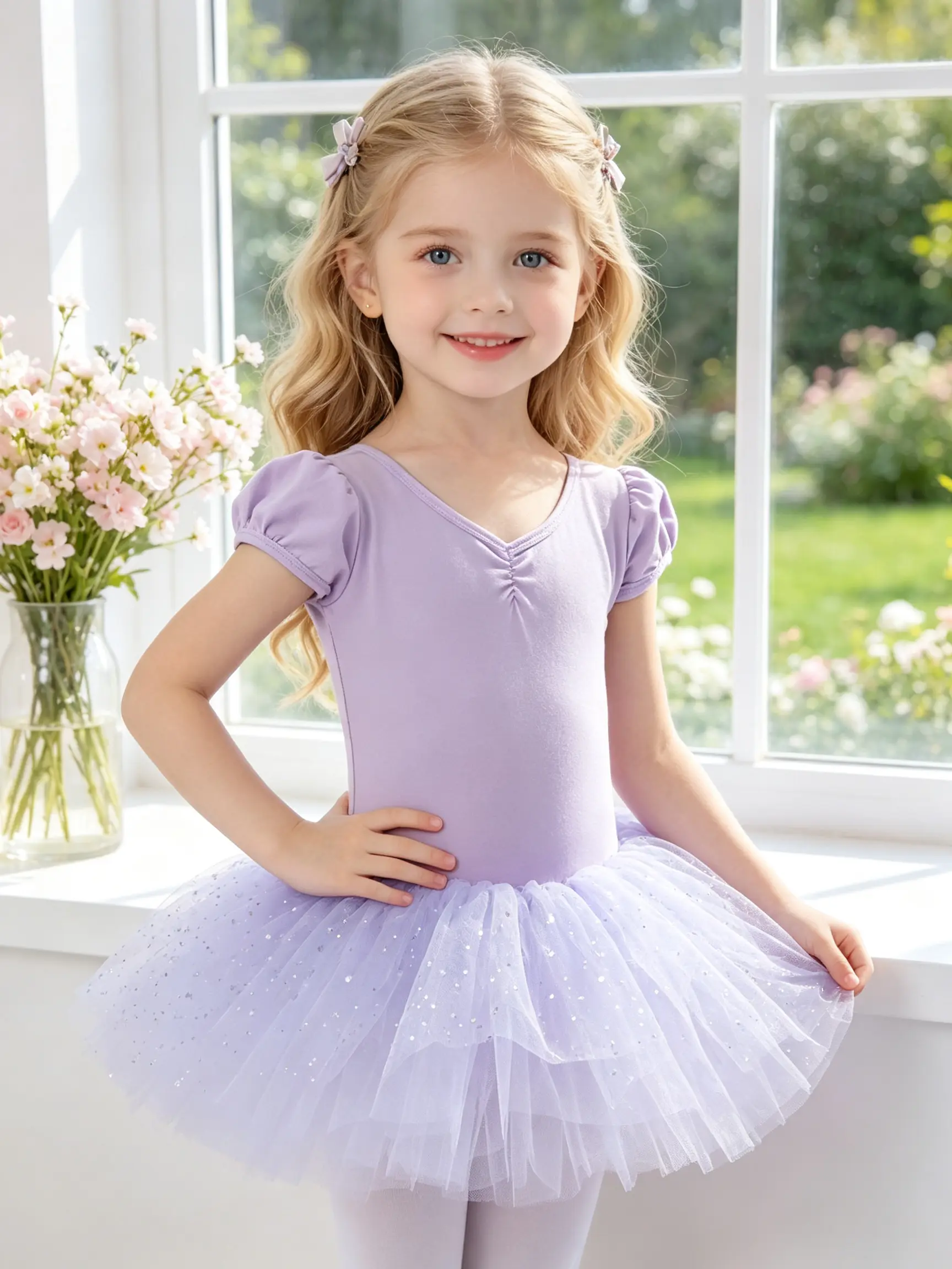 Toddler Girls Puff Short Sleeve V Neck Ballet Tutu Dress, Front Ruched Hollow Bow Back Sparkle Glitter Tulle Leotard for Dance Class Stage Recital Birthday Party