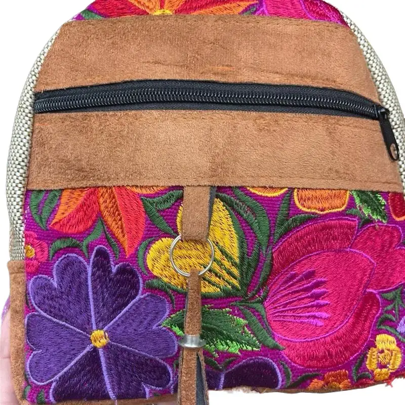 Backpack with Colorful Floral Embroidery and Zipper Closure