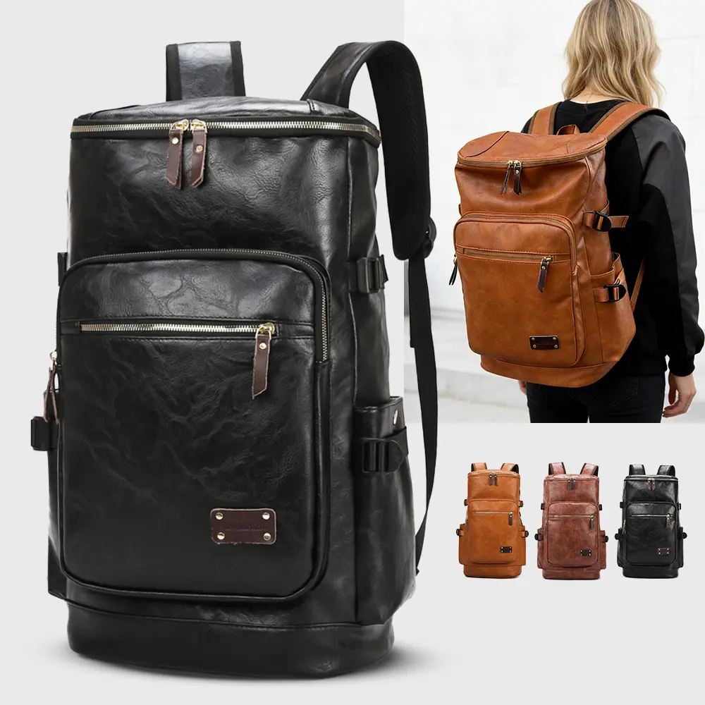Vintage PU Leather Backpack  Men, Large Capacity 15.6 Inch Laptop Rucksack, Retro Casual Daypack  Travel Work  Pack Bag for School,School Backpack Bookbag,Multi Pocket Casual Daypack For Men & Women