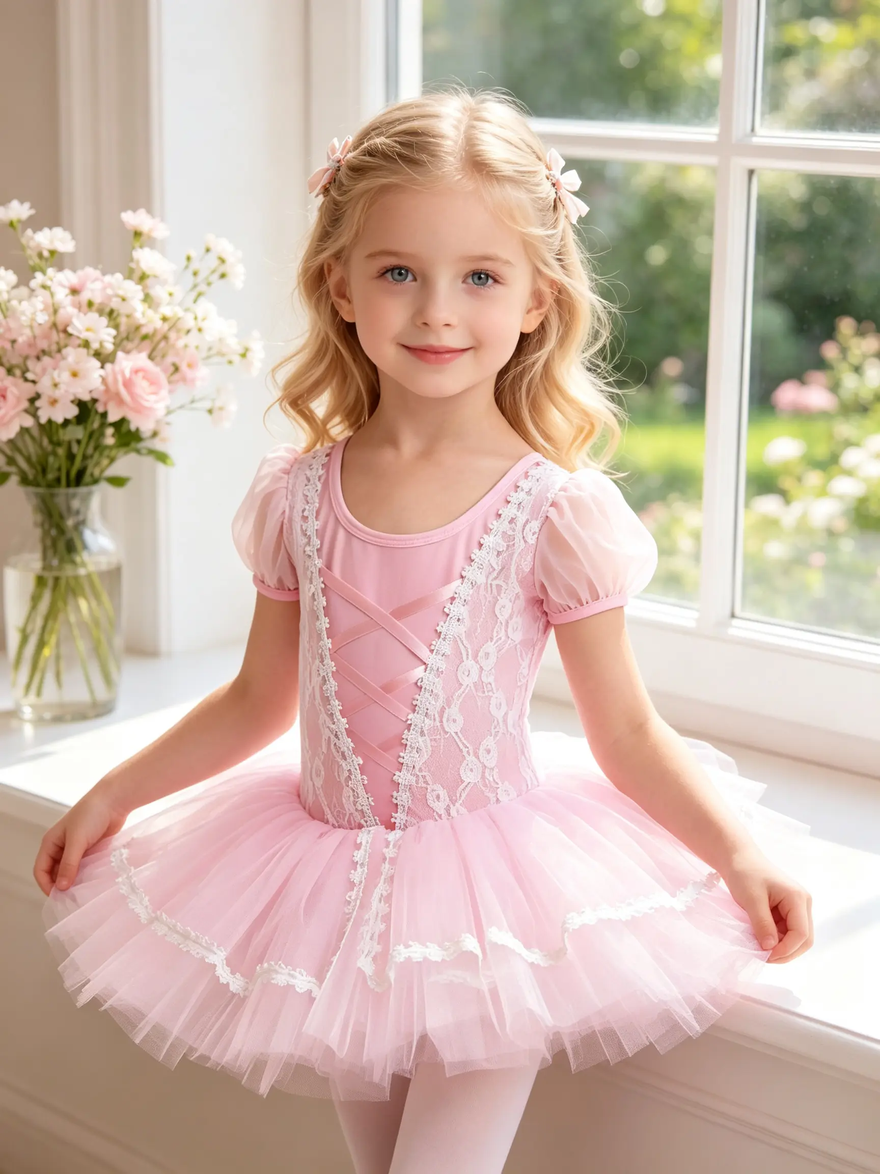 Little Girls Puff Short Sleeve Lace Ballet Leotard with Tulle Tutu Skirt, Cross Ribbon Backless Toddler Dance Dress for Ballet Class Training Stage Performance