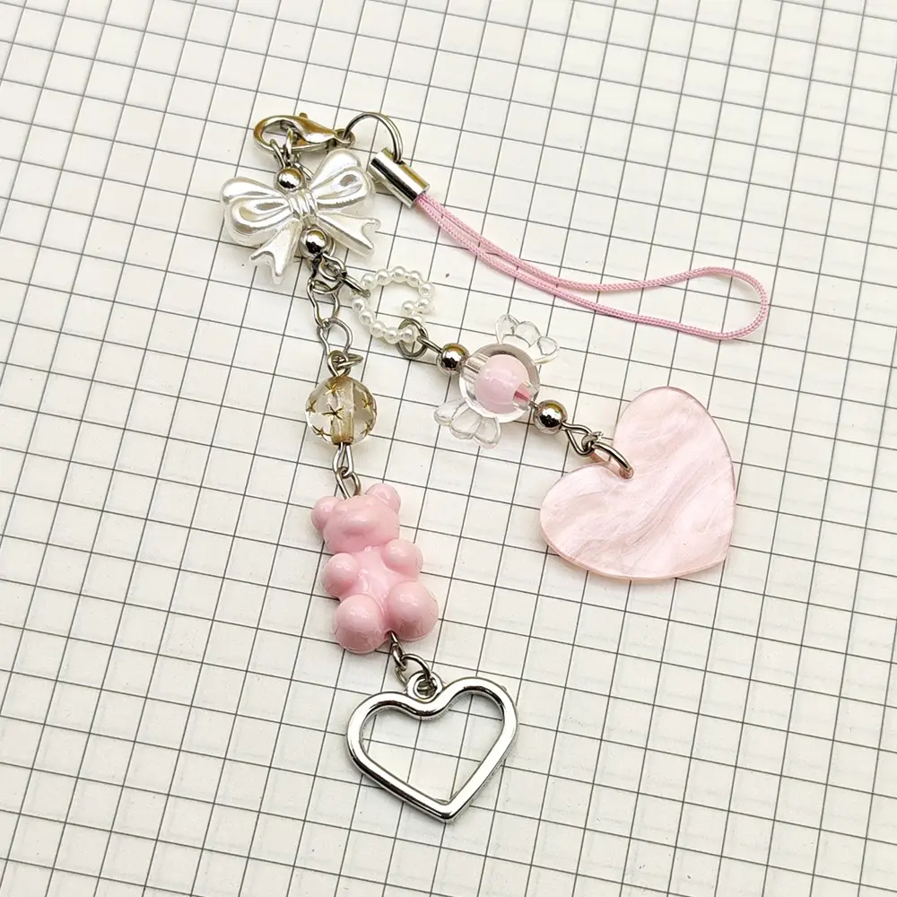 1pc Sweet Pink Bow and Bear Phone Charm Girly Beaded Double-Strand Pendant Including Heart and Candy Accessories for Phone Cases Earbud Cases and Schoolbags Romantic Cute Style Jewelry Phone Lanyard