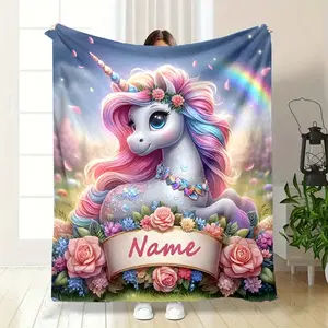 Custom Name Unicorn Blanket - Soft, Warm Flannel with Bright 3D Printed Design - Perfect for Bed, Sofa, Picnic - Ideal Personalized Gift for Teens and Adults on Christmas and Halloween, Unicorn Gift