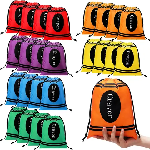 24 Pcs Christmas Goodie Bags Crayon Drawstring Bags Polyester Shell, Backpack Shape, 4Style Variety, Back to School Fun Xmas Birthday Party Favors, Small Treat Bags for Teacher Student, Resists Daily Wear