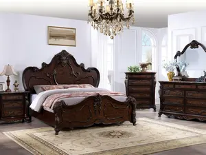 Palermo Dark Cherry Traditional Queen Bedroom Set with Nightstand, Dresser & Mirror – Solid Wood, Carved Details, Sintered Stone Tops