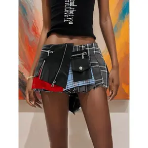 Fashion Trendy Women's Patchwork Plaid Design Pleated Mini Skirts 2025 Summer New High Waist A-line Skirt Female Shorts Golf Attire Womenswear Bottom