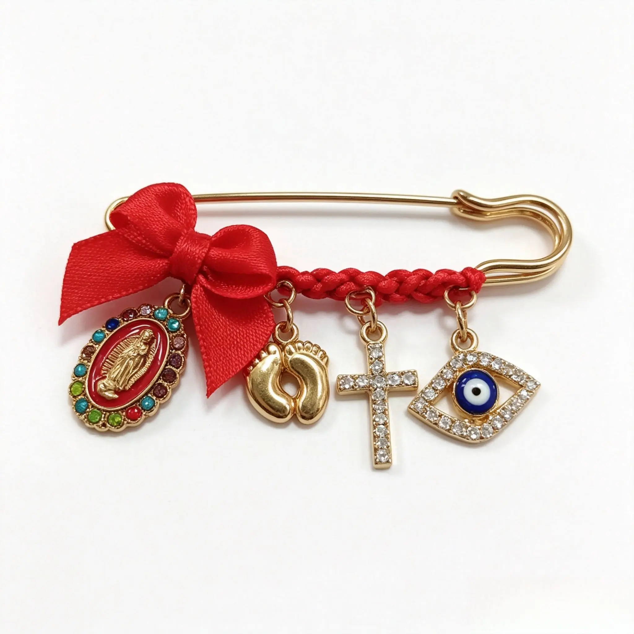 September Laurel  Pregnancy Protection Safety Pin Brooch, Gold Maternity Belly Pin with Red Bow, Virgin Mary, Mother & Baby Heart, Cross and Evil Eye Charms, Lucky Blessing Brooch for Expecting Moms