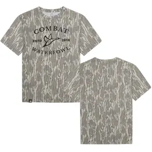 Mossy Oak Black COMBAT WATERFOWL Printing On Original Bottomland Camouflage Camo T-Shirt – Soft & Breathable Tee