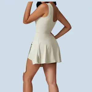 Women's Tennis Dress with Built-in Shorts, Sleeveless Yoga Golf Athletic Dresses with Ruffle Side Slit and Tie Front Design tennis gym short dress
