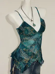 LUSHY Summer Beach Women's Cashew Floral Print Ruffled Strap Camisole, Sexy Going Out Top for Vacation and Parties