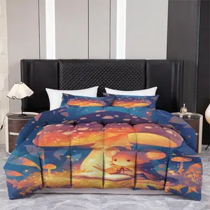 3pcs Printed quilt three-piece set (1 quiltr+2 pillowcases) - Enchanted Forest Mouse Reading Book & Glowing Mushroom Pattern, Whimsical Fantasy Art Bedding, Soft Cozy Lightweight Comforter Set, All Season Bedroom Aesthetic Decor