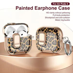 Advanced colorful pattern headphone protective case + safety lock + metal buckle, suitable for Airpods4/3/2/Pro, full protection, upgraded anti-fall, stand function, high definition and high transparency, mobile phone accessories