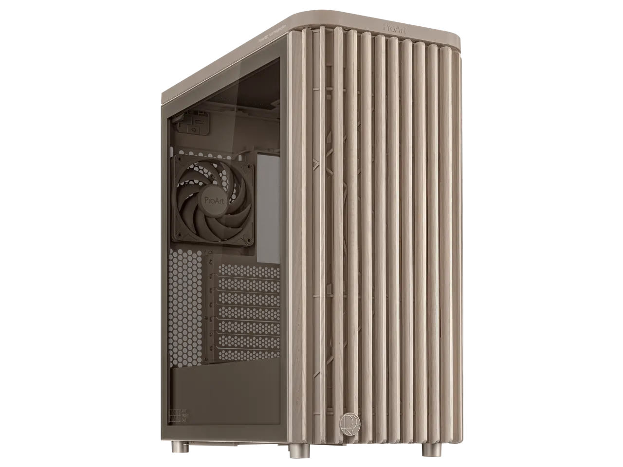 ASUS ProArt PA401 Wood Edition Beige ATX case features a tempered glass panel, supports GPUs up to 315mm, 240mm radiator, 160x32mm fans, button lock, and detachable PSU bracket
