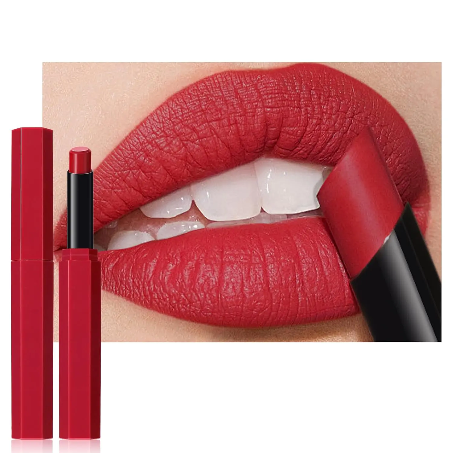 True Red Matte Lipstick Lip Liner Pencil Crayon - High Pigment, Waterproof Long Lasting, Moist Inside Non-Drying, Silky Smooth Velvet Texture for Women (True Red)