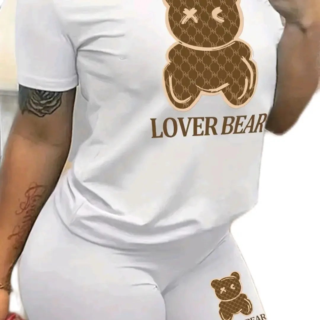 Cartoon Bear Print Casual Two-piece Set, Crew Neck Short Sleeve T-shirt & Slim Shorts Outfits, Women's Clothing