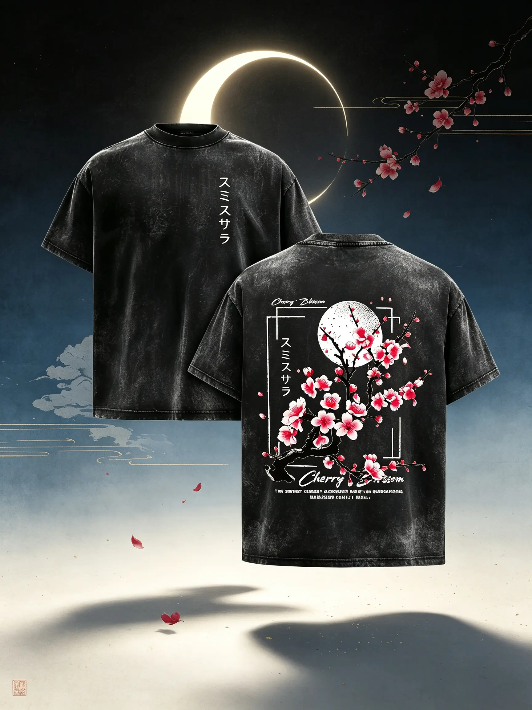 Men's Acid-Wash Graphic T-Shirt - Short-Sleeve, Round Neck, Oversized Loose Fit, Cherry Blossom & Japanese Lettering Print, Washed Knit Fabric, Contemporary Style Streetwear Top, Men's Graphic Tees, Shortsleeve, Floral