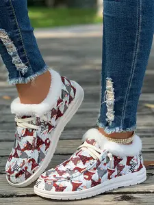 Women's Winter Warm Snowman Print Casual Shoes, Fleece Lined Ankle Boots, Fluffy Snow Boots, Cute Style Lace-Up Footwear for Fall & Winter