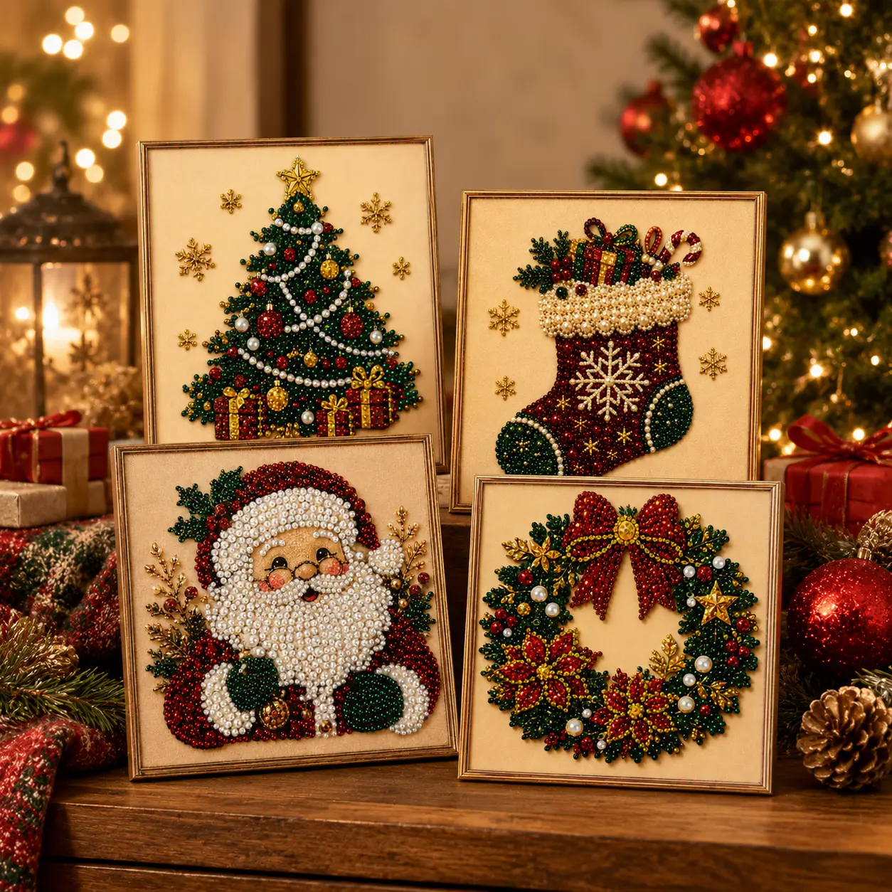 3D Beaded Christmas Pearl Painting Art Kit, Small 7.87x7.87in Frameless Xmas Santa Wreath Stocking Christmas Tree Pearl Diamond Art, Handmade Hanging Picture for Holiday Christmas Wall Decor Wall Gift