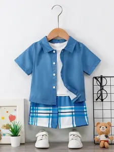 Boys' Solid Color Short Sleeve Shirt & Plaid Shorts Set, Breathable Faux Denim Fabric, Casual College Style, Fits 6 Months to 3 Years