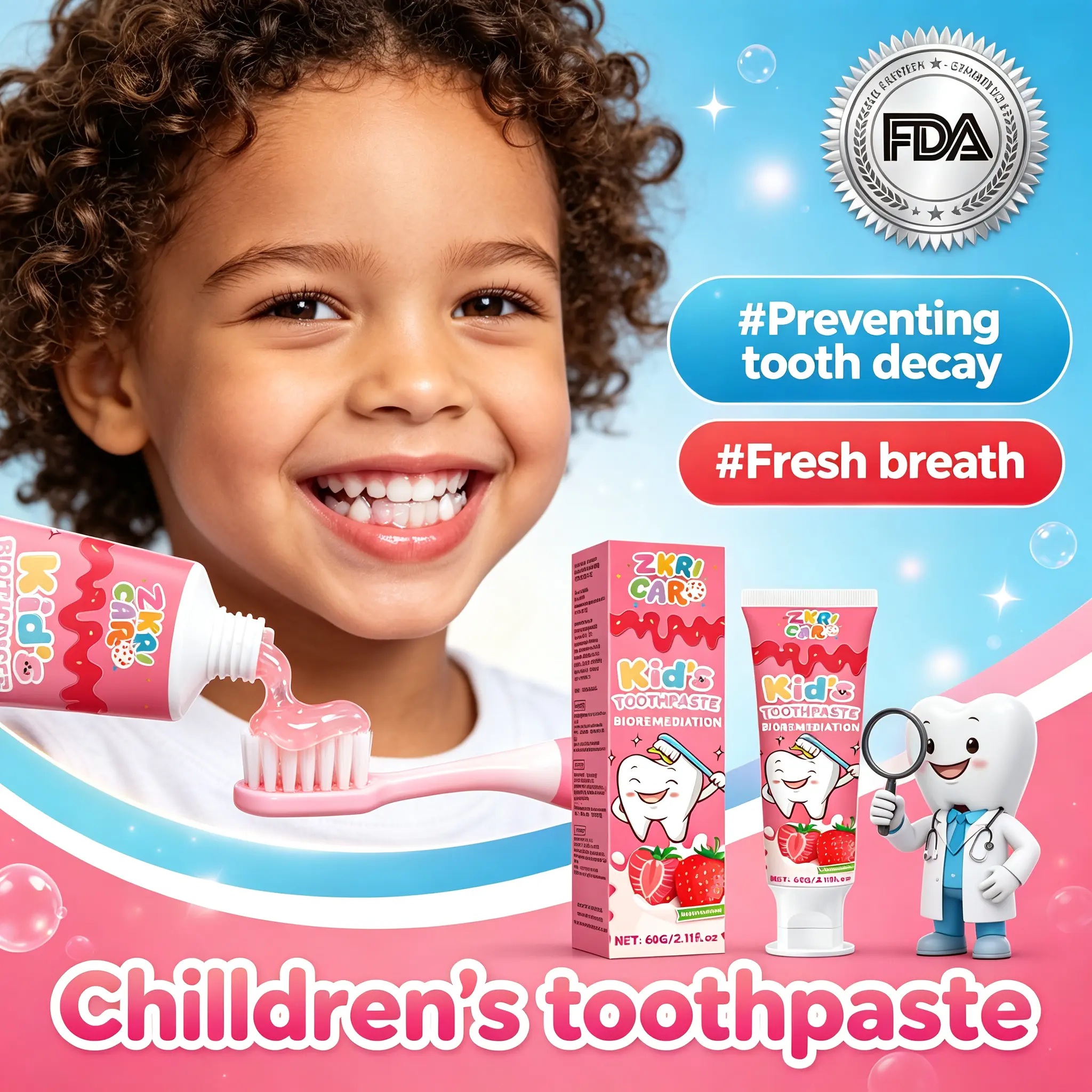 ZKRICARO Kids Anti-Cavity Foam Toothpaste, Gentle Cavity Guard with Fluoride and Xylitol, Natural Strawberry Flavor for Children's Teeth, 60g