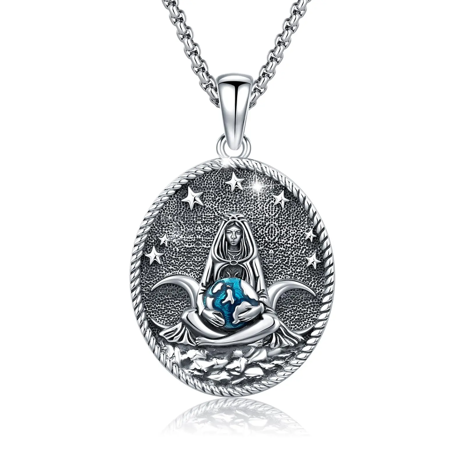 DRINSPER Women's S925 Anti-Tarnishing Sterling Silver Triple Moon Pendant Necklace, Goddess Hecate Holding Earth Design, 22"+2" Box Chain, 12-Month Warranty, Pagan Devotion Jewelry for Jewelry Lovers, Casual, Spiritual Jewelry
