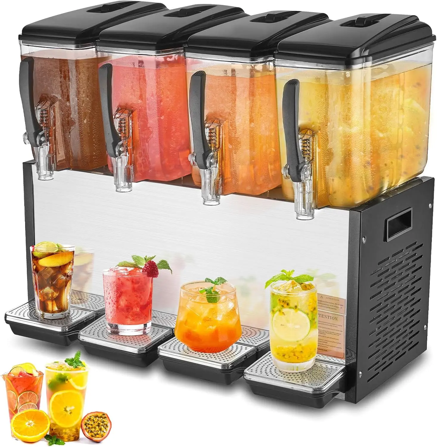 VEVOR Commercial Beverage Dispenser, 4 Tanks Juice Dispenser, 12 L / 12.7 QT Per Tank, 510W Stainless Steel Ice Tea Drink Machine with 45℉ to 54℉ Cooling Temp, for Cold Drink Restaurant Bar Party