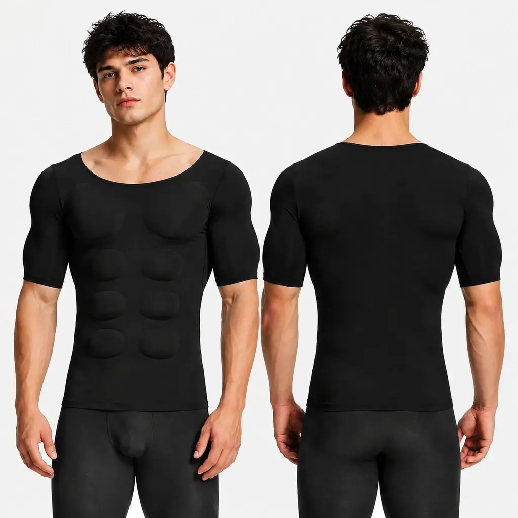 Men's Fake Abs T-Shirt, Plain Seamless Muscle Enhancing Top with Removable Pads, Light Compression Body Shaper for Everyday Wear or Cosplay, Fake Abs Shirt