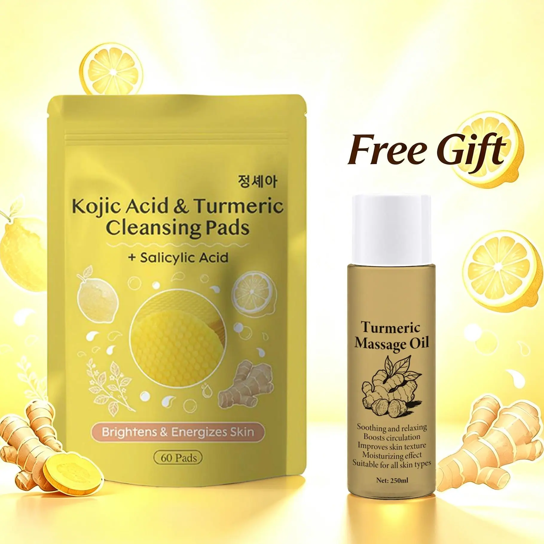 Kojic Acid Turmeric Cleansing Pads, 60ct Salicylic Acid Face Pads, Viral Daily Skincare + Free Massage Oil