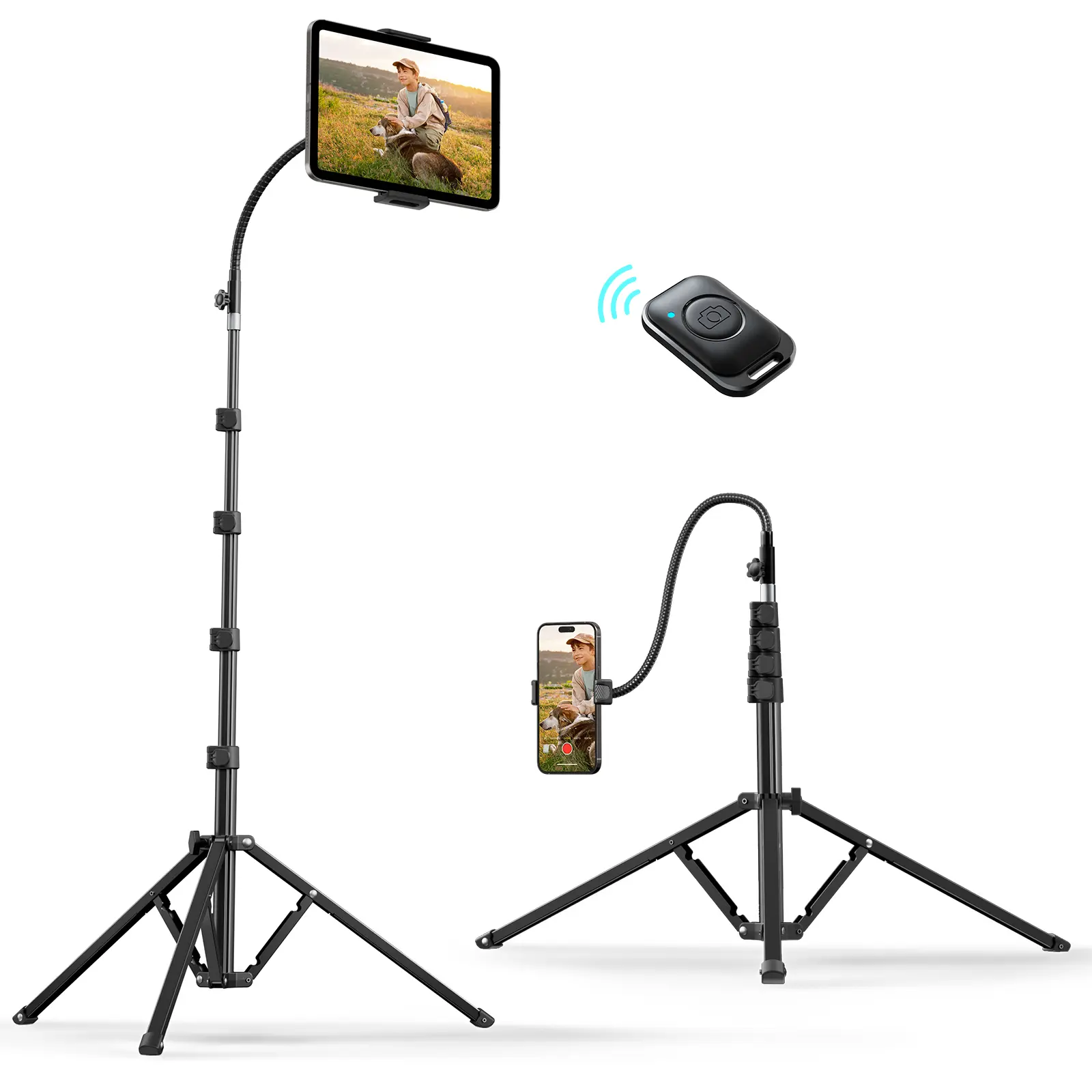 TODI Heavy Duty Tablet Tripod Stand with 15” Adjustable Gooseneck for Watching/Stream/Recording, , Floor Stand for Phone with selfie remote, Tripod for iPad Pro 12.9”/Kindle/iPhone, and All 4.5-13” Tablet/Phone
