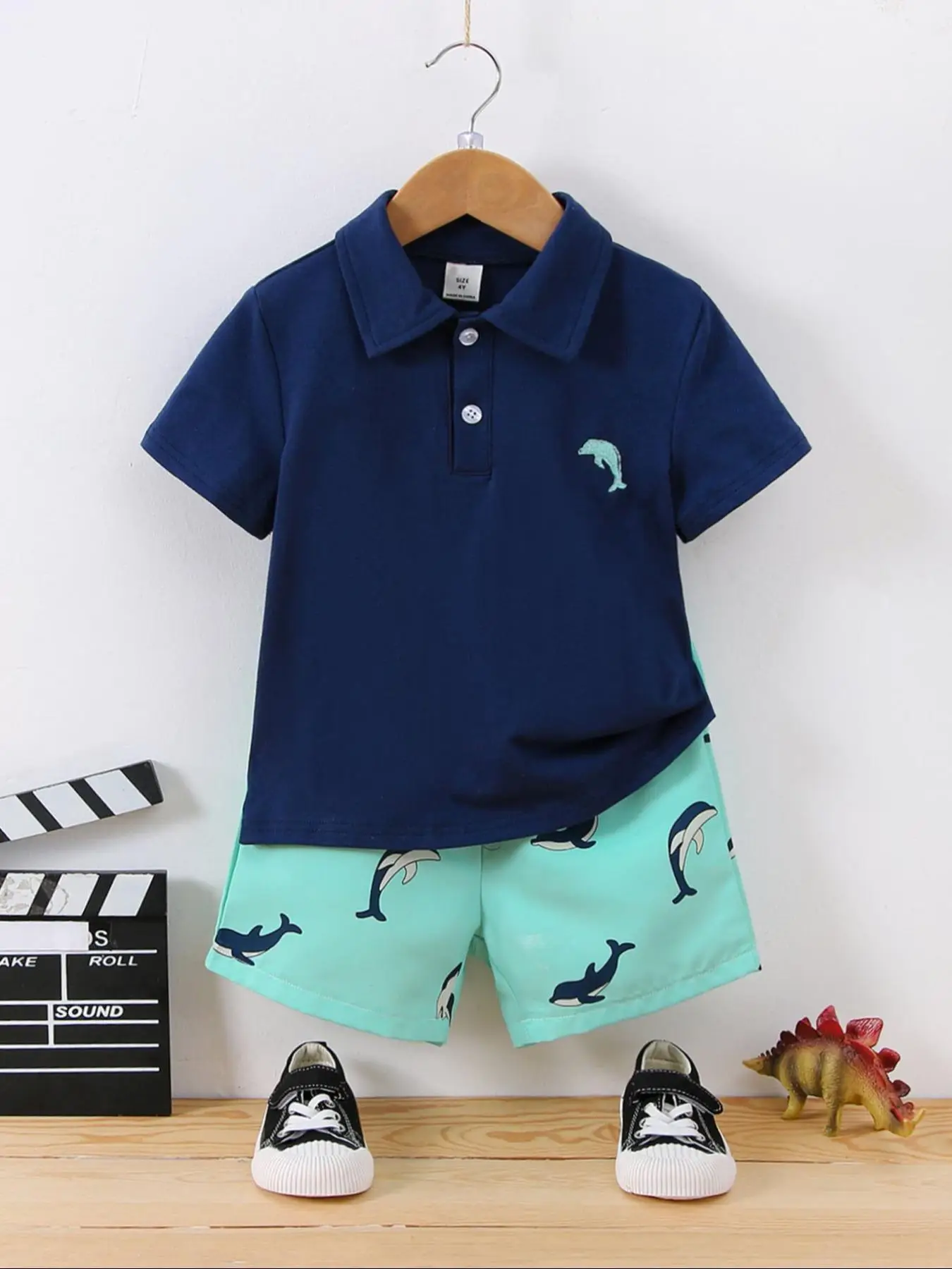 Toddler Boy's Dolphin Embroidery Short Sleeve Polo Shirt & Elastic Waist Shorts Set, Button Front Top & Sea Animal Print Shorts, Casual Summer Outfits