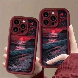 Red Sunset Beach Wave Pattern Phone Case Suitable for iPhone 16 Pro Max/16 Plus/16 Pro/16/15 Pro Max/15 Plus/15 Pro/15/14 Pro Max/14 Plus/14 Pro/14/13 Pro Max/13 Pro/13/12 Pro Max/12 Pro/12/11 Pro Max/11 Pro/11/XS Max/XR/X/7 Plus/7 TPU Shockproof and Stai