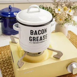 Bacon Grease Saver Container 46oz Vintage Stainless Steel & Enamel Oil Keeper Can for Bacon Fat Dripping Kitchen Cooking Accessories Dishwasher Safe Utensils Storage with Fine Mesh Strainer