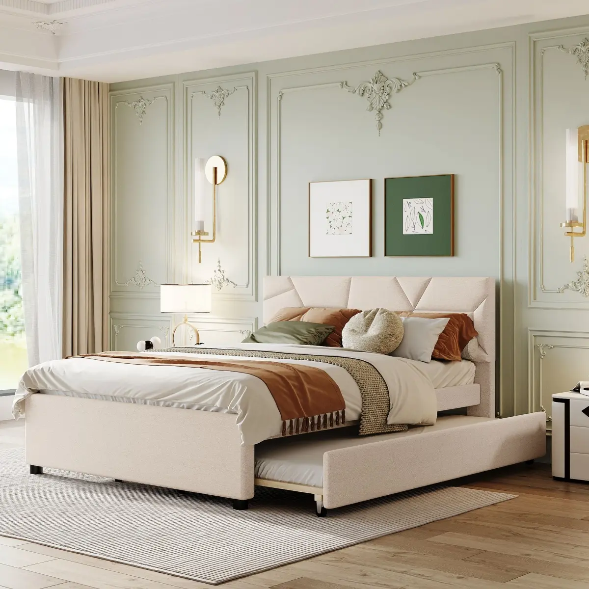 Queen Size Platform Bed with Twin XL Trundle, Solid Wood Linen Upholstered Bedframe w/Brick Pattern Headboard, No Box Spring Needed & Super Save Space, Beige