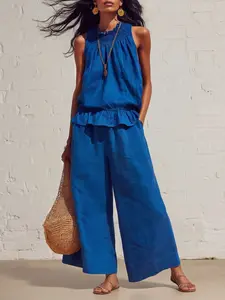 Women's Summer Thin Solid Color Boho Style Ruffle Tie Sleeveless Long Pants Cotton Linen Two-Piece Set, Casual High Waist Loose Fit
