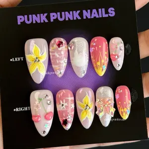 BoooNails 3D Flower FreeStyle Medium Almond Press On Nails Ombre Pink Color Marle Nail Lily Flower Summer Design Easy Application Unique Diamond Accents