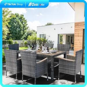 【NEW】Walsunny 7 Pieces Outdoor Patio Dining Set, Wicker Patio Furniture Set with Wood Table and 6 Chairs with Soft Cushions Grey Outdoorfun