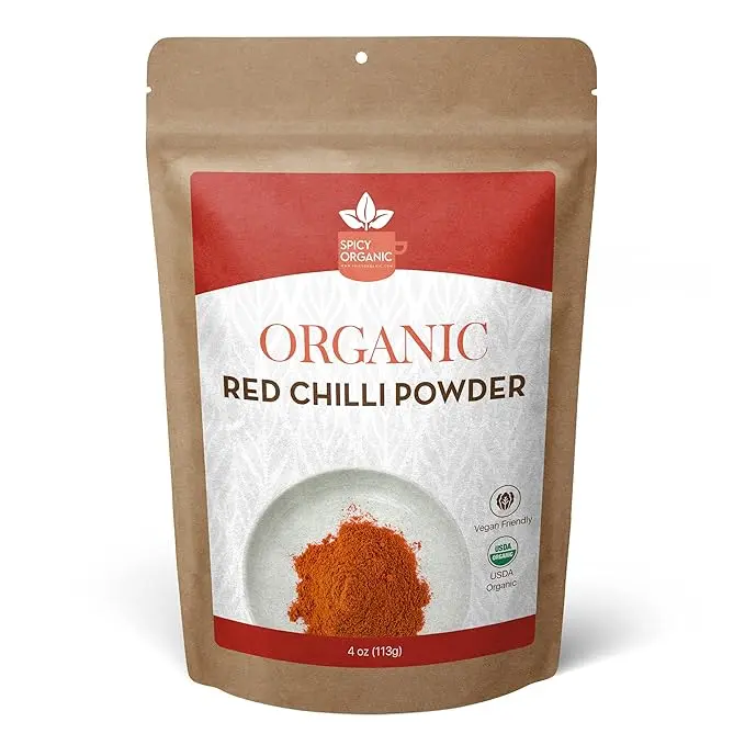 SPICY ORGANIC Red Chili Powder - USDA Certified Organic, Non-GMO - Perfect for adding a smoky, spicy flavor to soups, stews, chili, and more. No Added Preservatives and Color - 22 Servings Per Container, 4Oz (113 grams) Meat Spice