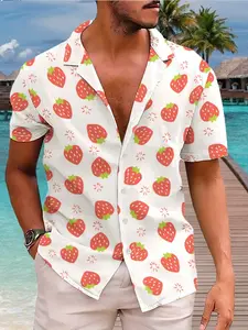 2026 Summer Strawberry Print Tropical Cuban Collar Short Sleeve Shirt, Loose Fit Casual Top, Soft Breathable Fabric, Beach Vacation Essential，Limited-time holiday offers, fast shipping