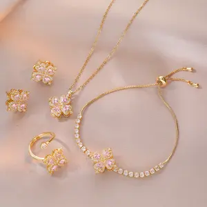 4PCS Pink Jewelry Set, Women's Pink Loving Heart Zircon Fashion Rotating Peach Heart Ring Bracelet Suit Necklace, Ring, Bracelet, Earrings