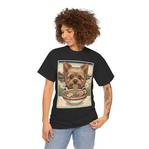 Yorkie Eating Ramen Illustration T-Shirt | Japanese Woodblock Style