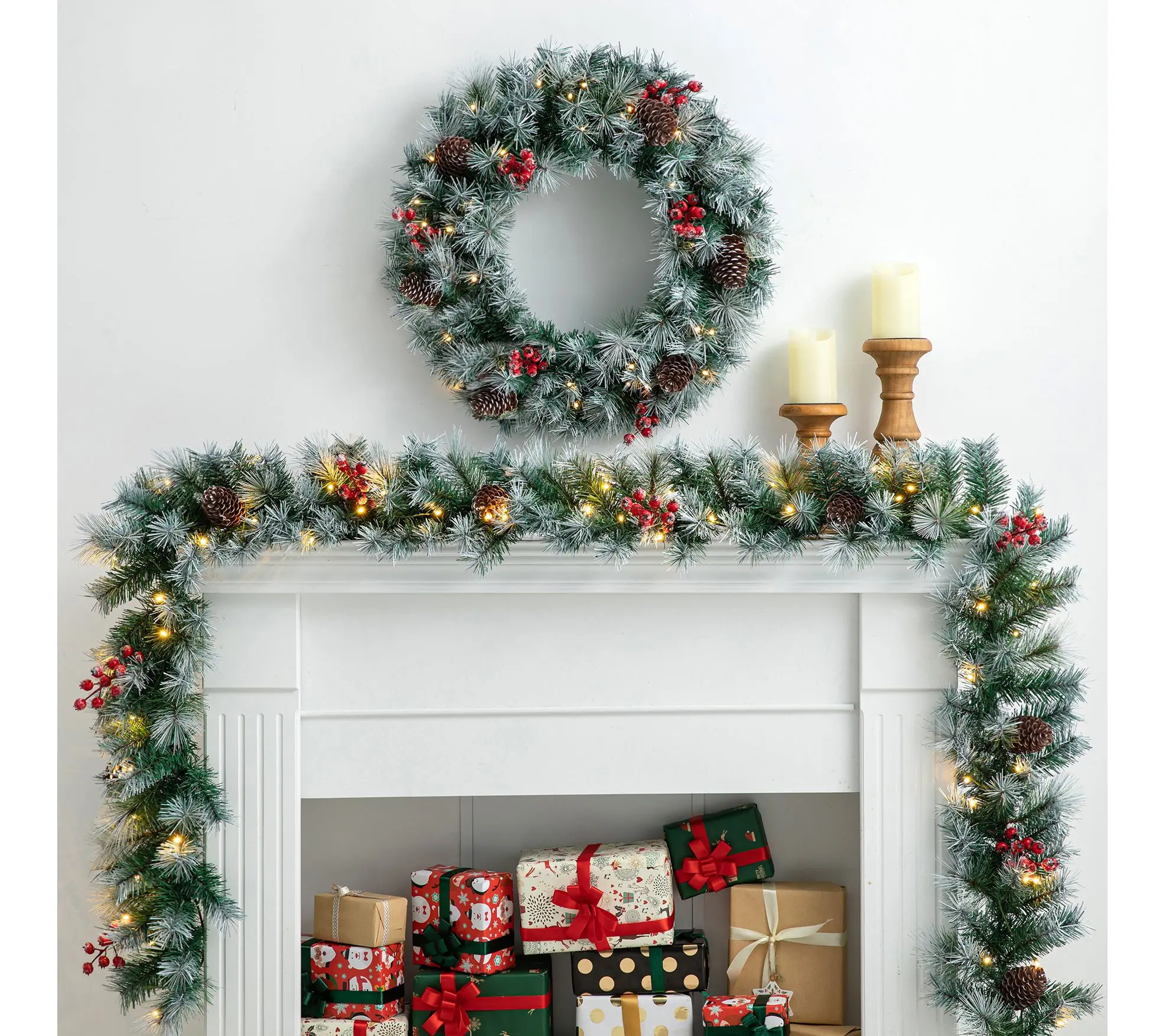Glitzhome 9' Pre-Lit Greenery Red Berries Christmas Garland