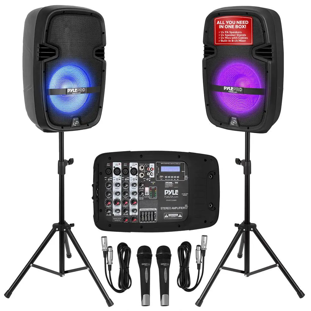 Portable 600W Digital PA Speaker DJ Mixer Bundle - 10" Audio Speaker with Amplifier, Bluetooth, LED Lights, Guitar Compatibility, Subwoofer, MP3 Support, Smartphone Connectivity, USB Port, Handheld Use, Memory Playback, Cable, LCD Equipment